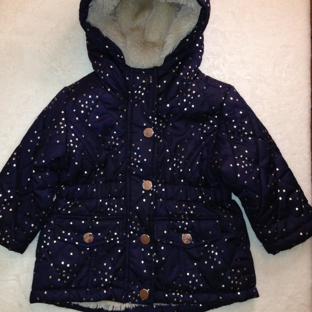 me jane mini  12mo. Navy w/gold stars quilted winter jacket